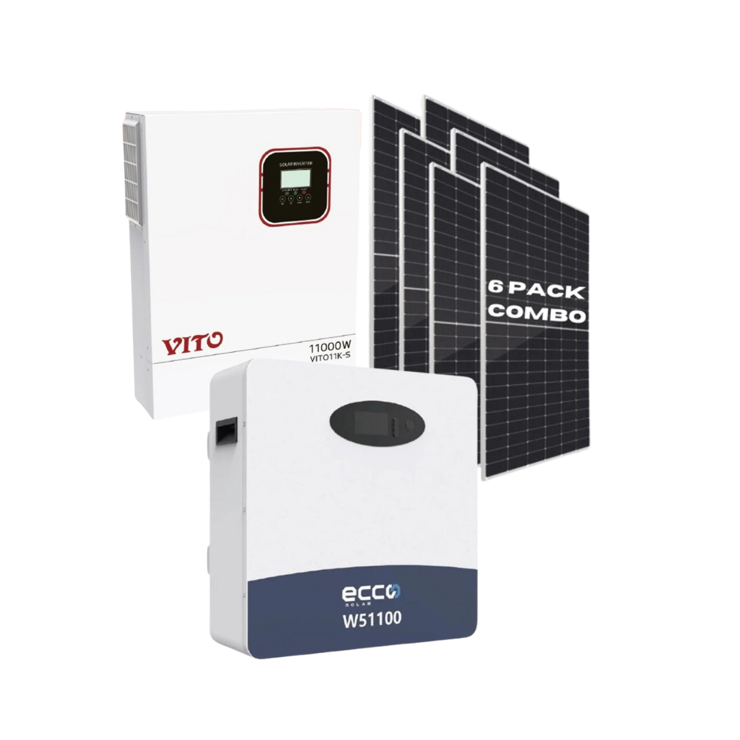 11KVA VITO Pure Sine Wave Hybrid Inverter MPPT + 5.12kWh Ecco Lithium Battery + 6x Tier 1 Mono Solar Panels