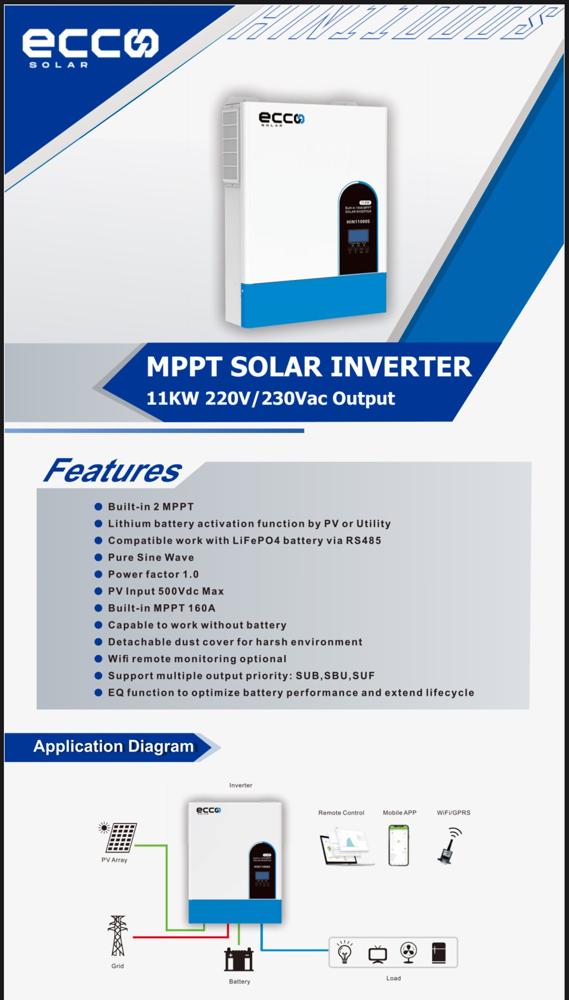 11KVA / 11000W Ecco MPPT Hybrid Inverter Pure Sine Wave + 2x 5.12kWh Ecco Lithium Battery (Wall Mount)