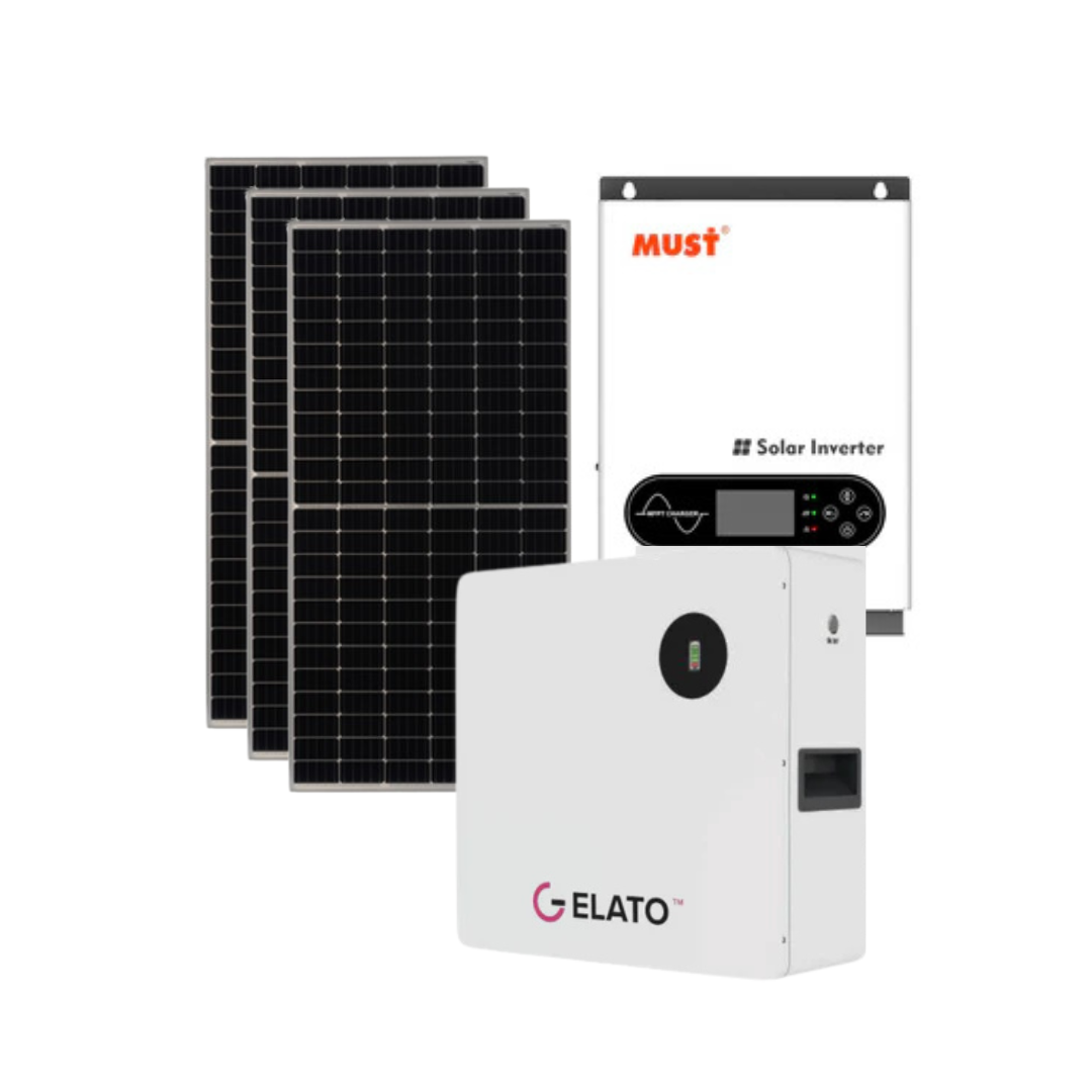 MUST 3.6KVA MPPT Pure Sine Wave Hybrid Inverter + 2.56kWh GELATO 1C 24V LiFePO4 Lithium Battery + 3x 545W TIER 1 Solar PanelCombo