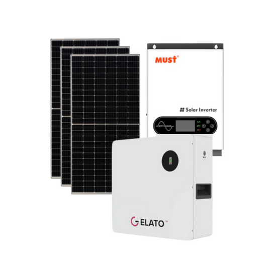 MUST 3.6KVA MPPT Pure Sine Wave Hybrid Inverter + 2.56kWh GELATO 1C 24V LiFePO4 Lithium Battery + 3x 545W TIER 1 Solar Panel Back Up Kit