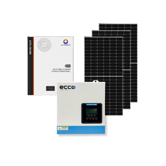 3.5KVA Ecco 24V MPPT Hybrid Inverter + 2.56kWh Topsun 100Ah LiFePO₄ battery + 3x 460W Bi-Facial Solar Panels Combo