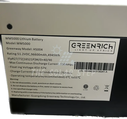 5Kwh / 150Ah 51.2V Greenrich Lithium Battery Wm5000