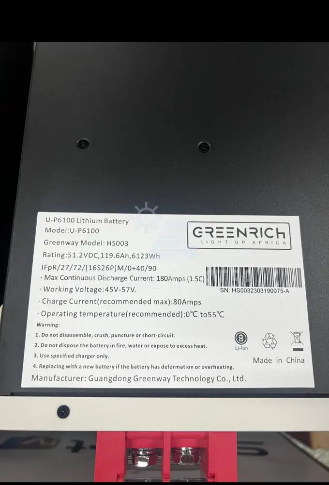 6.2Kwh / 180Ah Greenrich Lithium Battery U-P6100