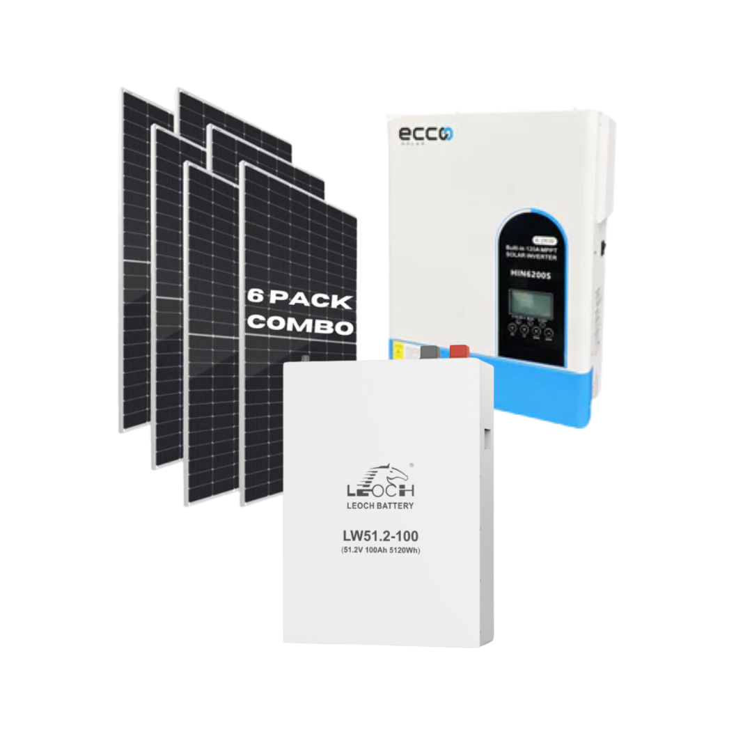 6.2KVA / 6200W Ecco 48V MPPT Hybrid Inverter 120A (Off Grid) + 1x Leoch 5.12kWh 51.2V 100Ah Wall Mount Lithium Battery + 6x 460W TIER 1 Solar Panels Combo Kit