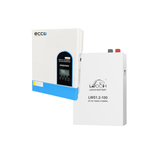6.2KVA / 6200W Ecco 48V MPPT Hybrid Inverter 120A (Off Grid) Pure Sine Wave + 1x Leoch 5.12kWh 51.2V 100Ah Wall Mount Lithium Battery Back Up Kit