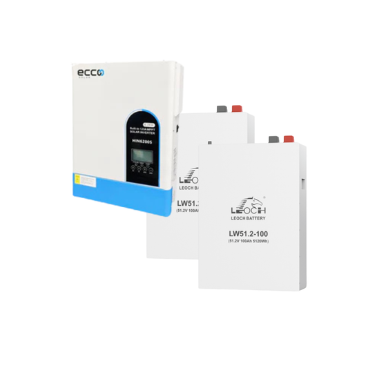 6.2KVA / 6200W Ecco 48V MPPT Hybrid Inverter 120A (Off Grid) Pure Sine Wave + 2x Leoch 5.12kWh 51.2V 100Ah Wall Mount Lithium Battery Back Up Kit
