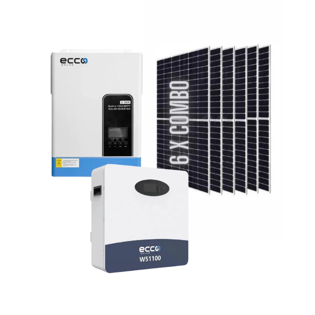 6.2KVA/6200W Ecco MPPT Hybrid Inverter + 1 x 5.12kWh 100AH Battery + 6x 580W Mono Solar Panels