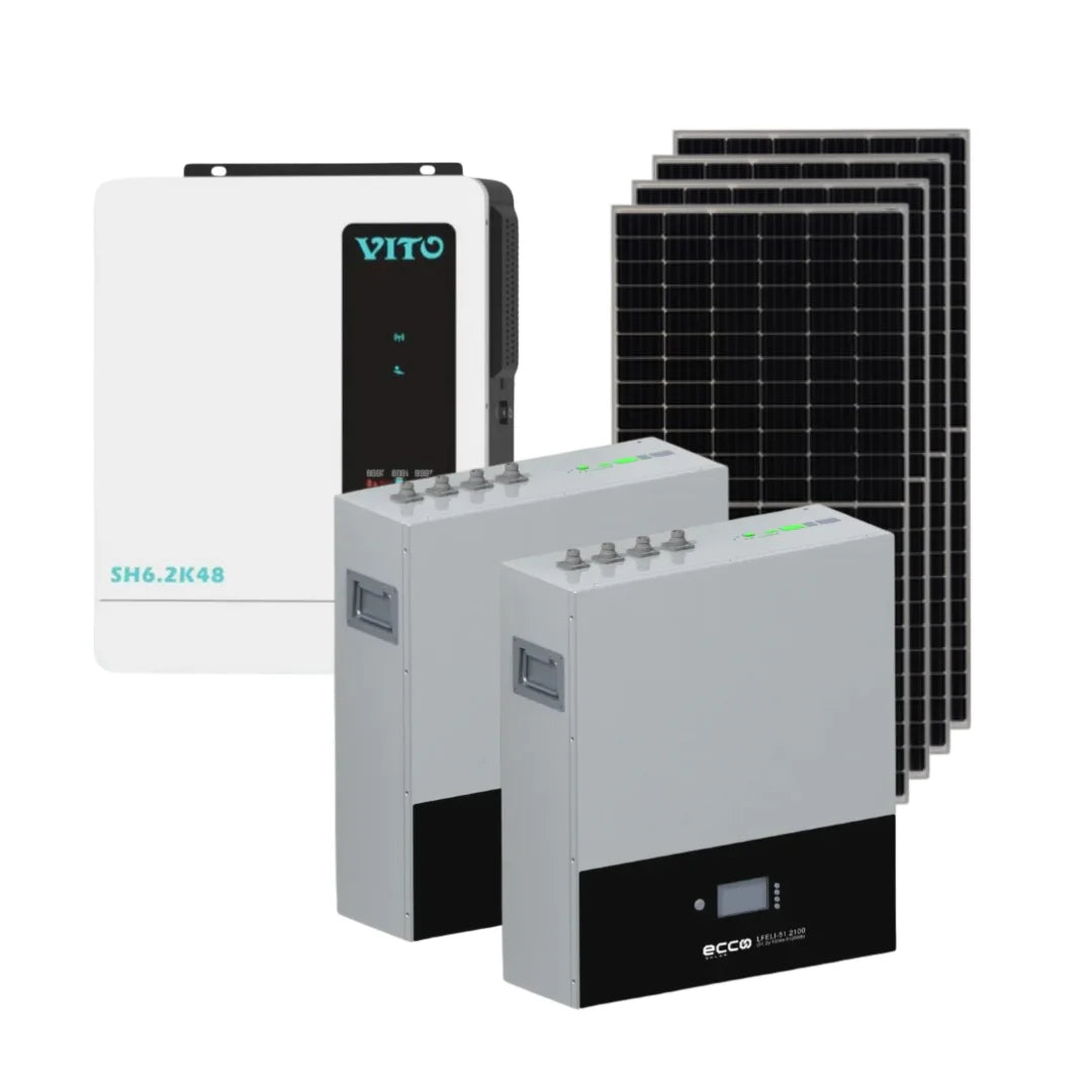6.2KVA/6200W Vito MPPT Hybrid Inverter + 2 x 5.12kWh 100AH Battery + 4x 425W Mono Solar Panels