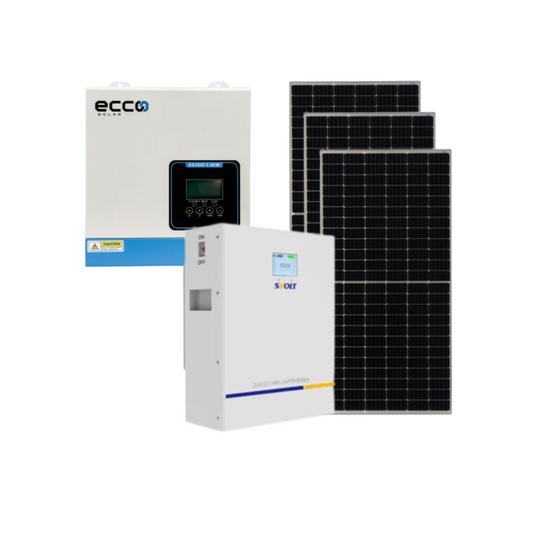 ECCO 3.5KVA / 3500W 100A MPPT Hybrid Inverter 24V + SVOLT 2.71kWh 100Ah Lithium Battery + 3x 460W Mono Solar Panels
