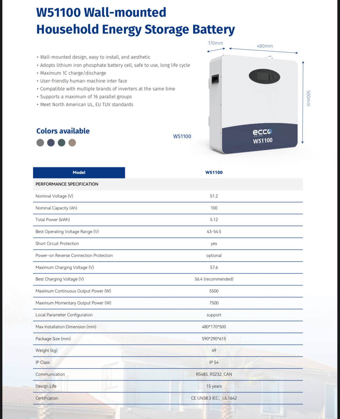 5.12kWh Ecco Lithium Battery 51.2V 100AH W51100 Wall-Mount