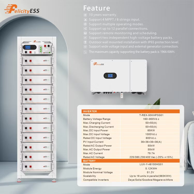 Felicity 61.44kWh High-Voltage Lithium Battery System – LUX-Y-48100HG01