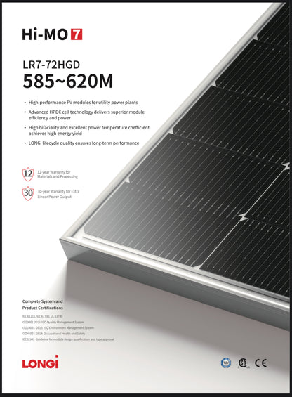 620W Longi Bi-Facial Tier 1 Hi-MO Solar Panel