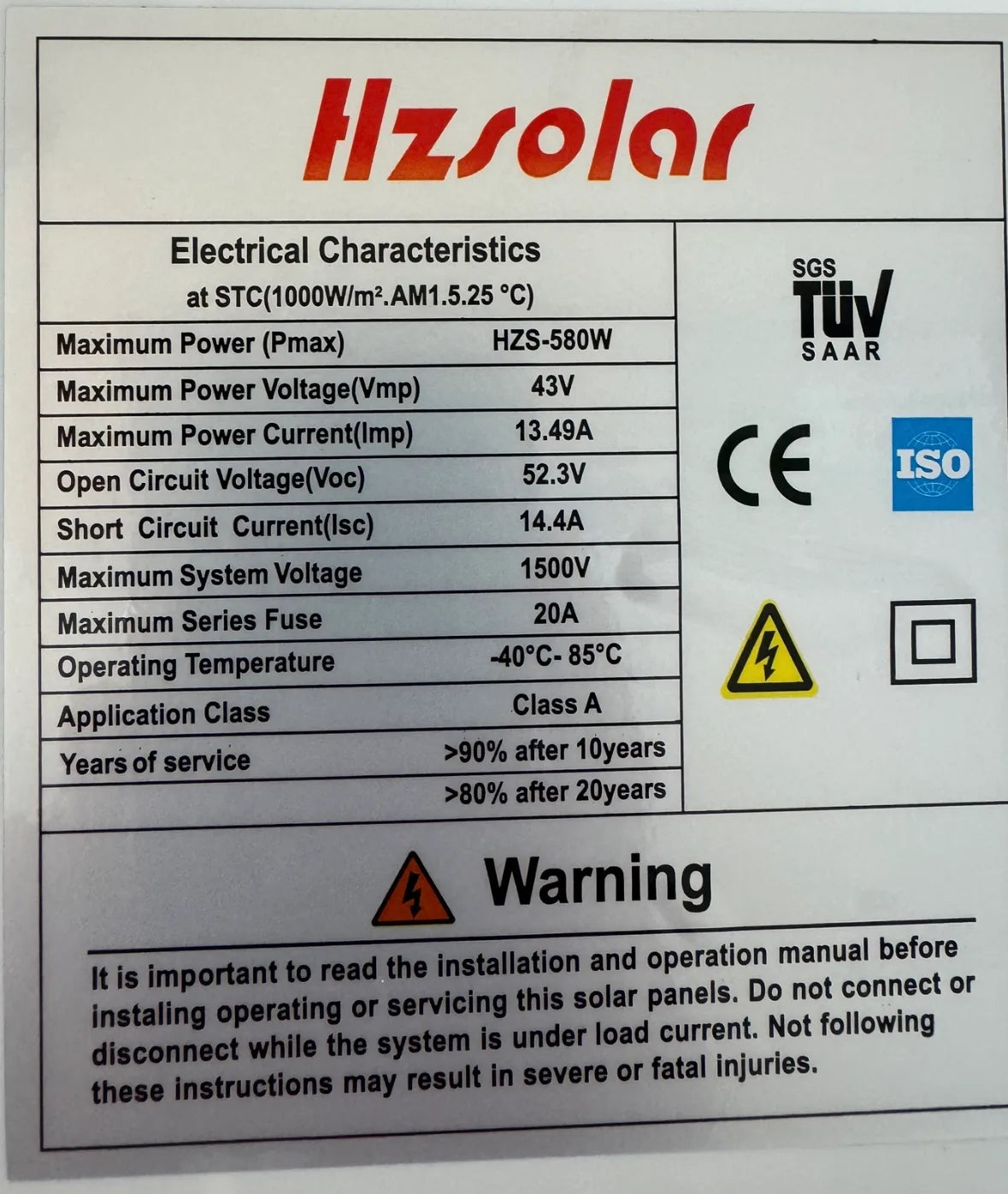 580W HZ Solar Mono Crystalline Solar Panel (6 Pack Combo)