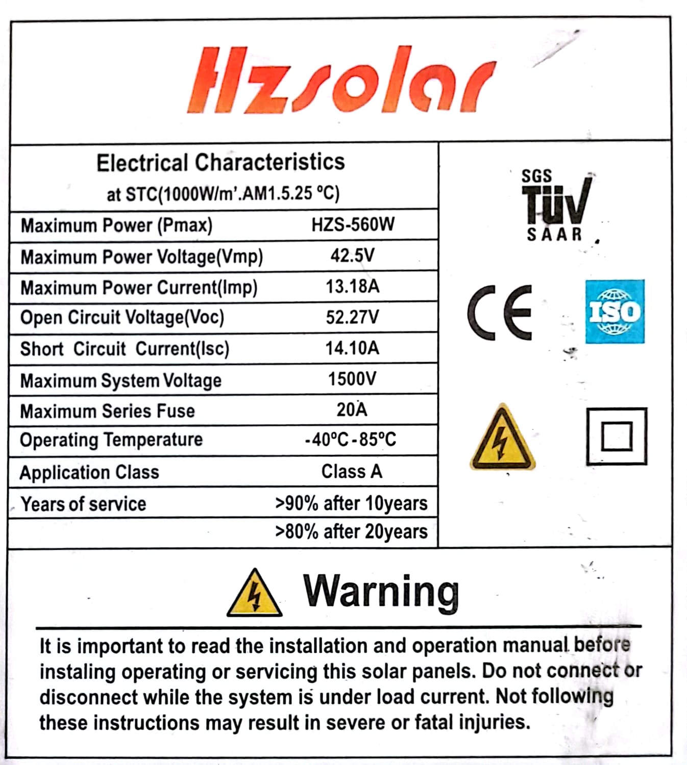 560W HZ SOLAR Mono Crystal Solar Panel