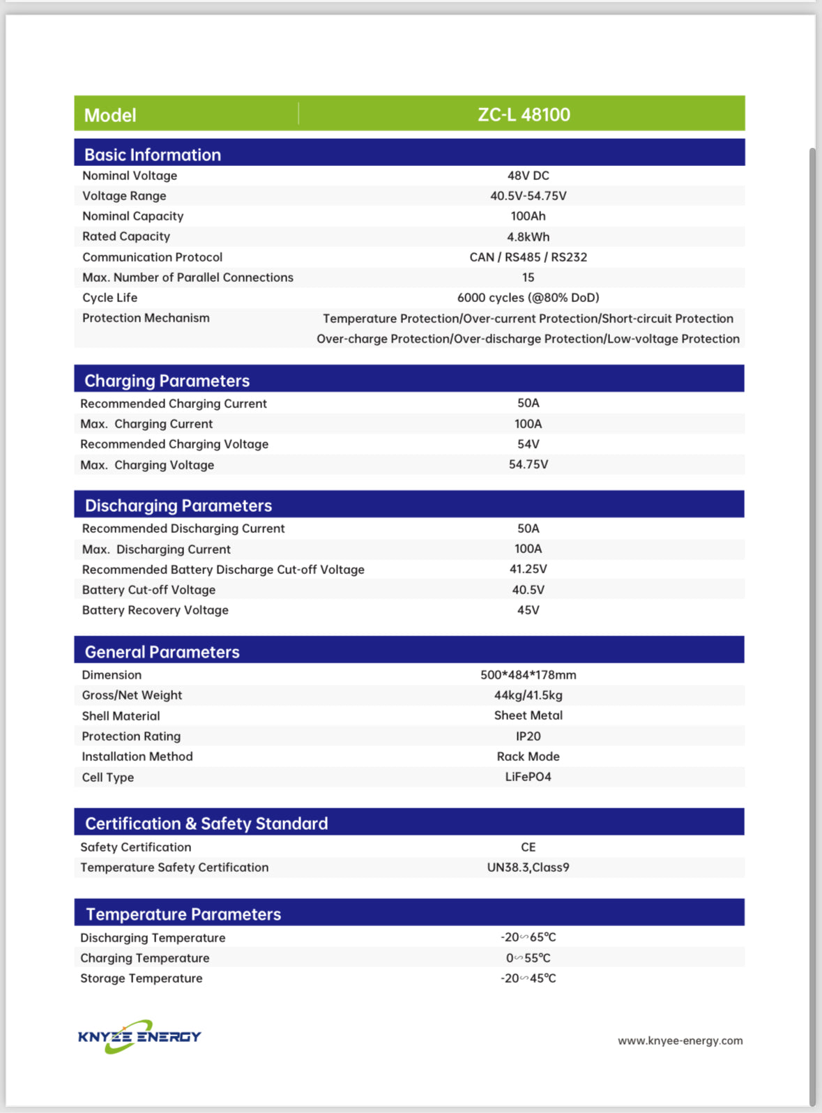 4.8kWh 100AH 48V KNYEE Lithium Battery LIFEPO4 ZC-L 48100 Rack Mount