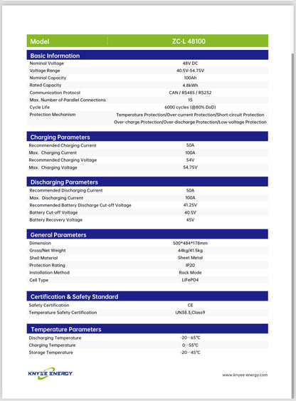 4.8kWh 100AH 48V KNYEE Lithium Battery LIFEPO4 ZC-L 48100 Rack Mount