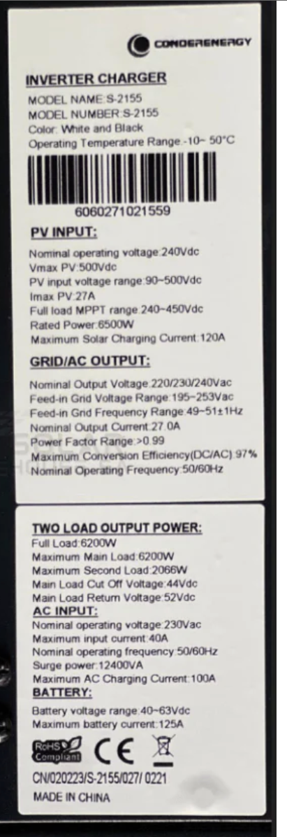 6.2KVA / 6200 CONDERENERGY Hybrid Inverter MPPT 48V