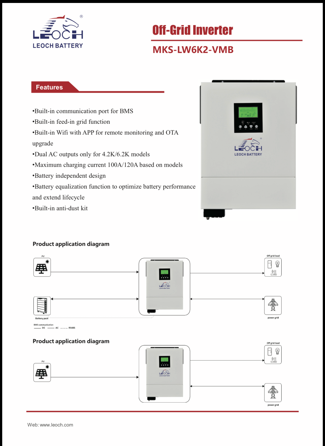 6.2kW Off-Grid Leoch Hybrid Inverter + 1x Leoch 5.12kWh Lithium Battery Kit