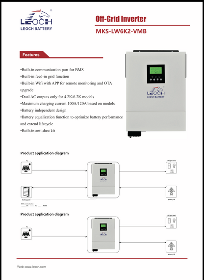 6.2kW Off-Grid Leoch Hybrid Inverter + 1x Leoch 5.12kWh Lithium Battery Kit