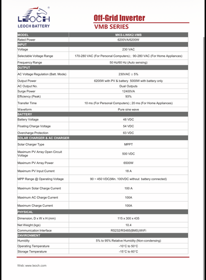 6.2kW Off-Grid Leoch Hybrid Inverter + 1x Leoch 5.12kWh Lithium Battery Kit