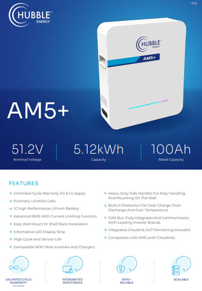 5.12kWh Hubble AM-5+ LiFePO4 51.2V Battery (Unlimited Cycles)