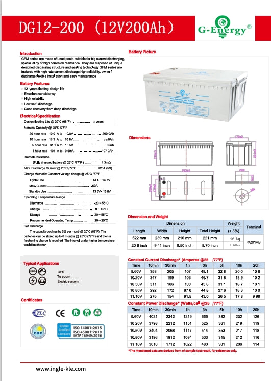 200Ah G-Energy 12V Deep Cycle Gel Battery