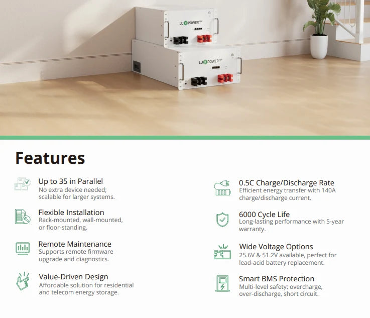 7.5kWh Luxpower Li-7.5e 25.6V Lithium Battery (6000 cycles)