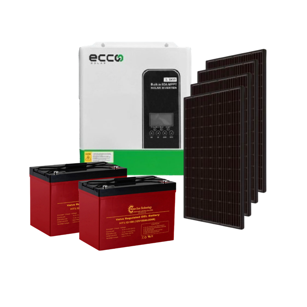 3.5KVA / 3500W ECCO Hybrid Inverter + 2x 12V 120AH Gel Batteries + 4x 350W Solar Panels