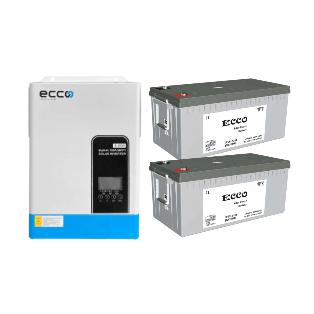 3.5KVA / 3500W Ecco Hybrid Inverter 100A MPPT + 2x 200AH Deep Cycle Gel Batteries