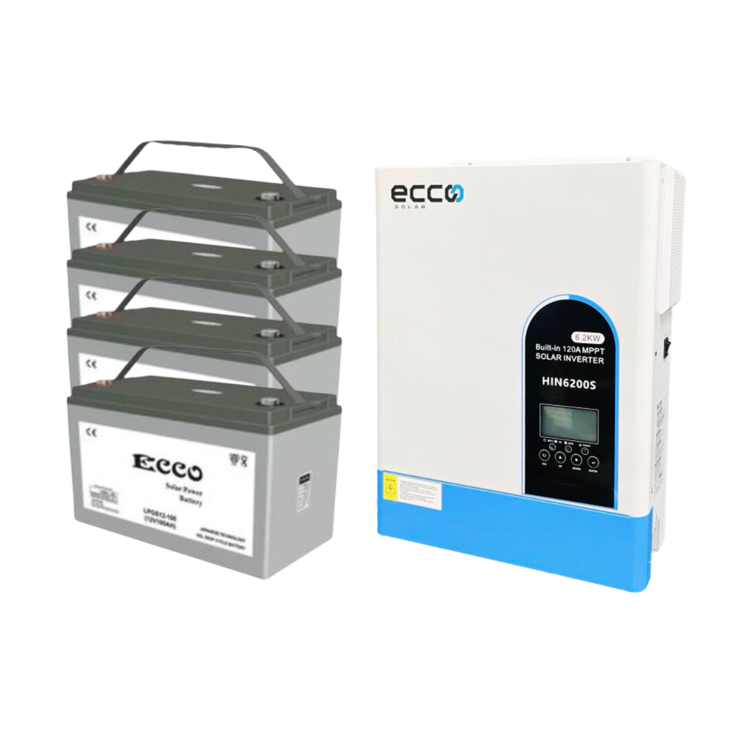 6.2KVA / 6200W Ecco Hybrid Inverter 120A MPPT (Off Grid) + 4x 100AH Deep Cycle Gel Battery