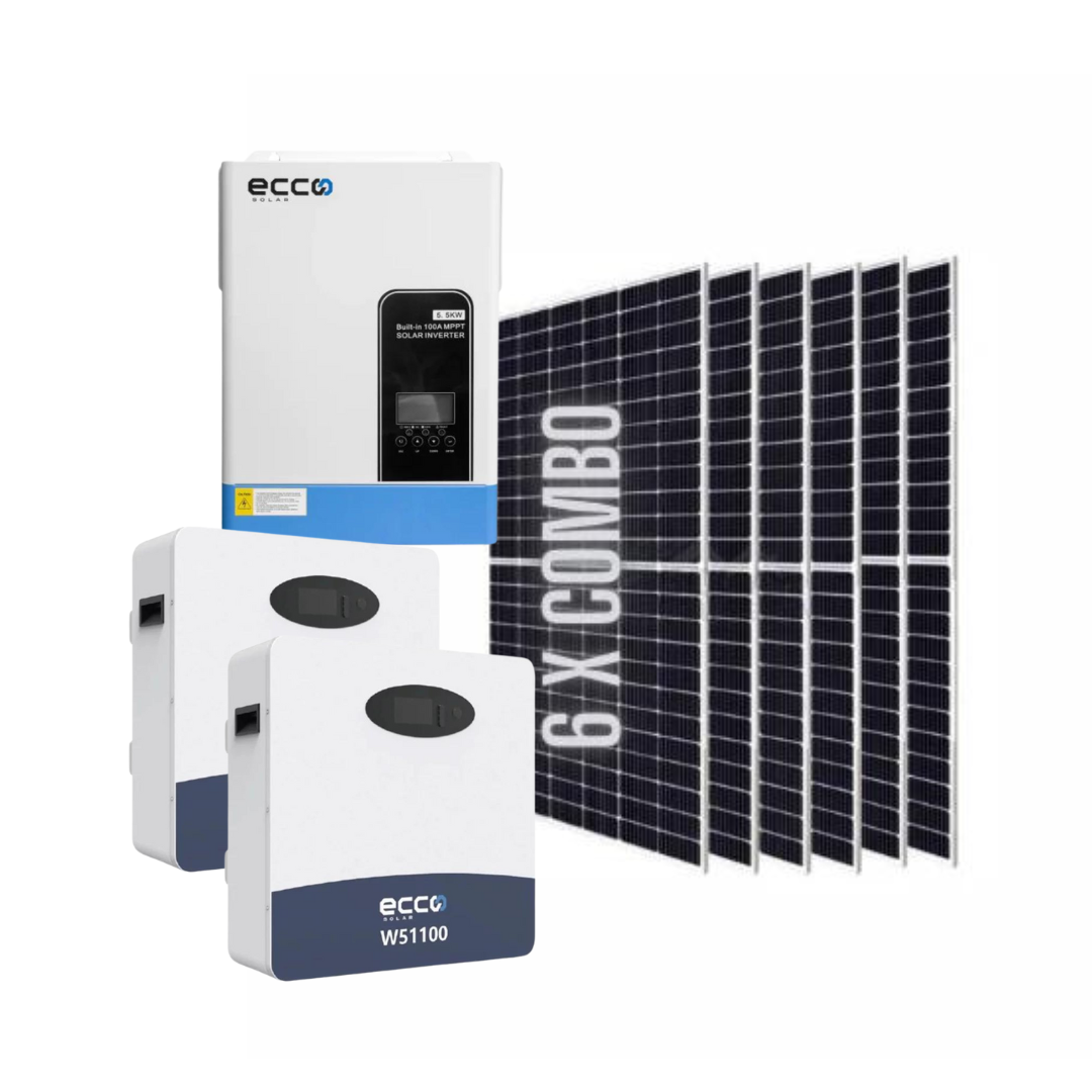 6.2KVA/6200W Ecco MPPT Hybrid inverter + 2 X 5.12 KWH 100AH Lithium Batteries + 6 X 580W Mono Crystal Solar Panels Combo