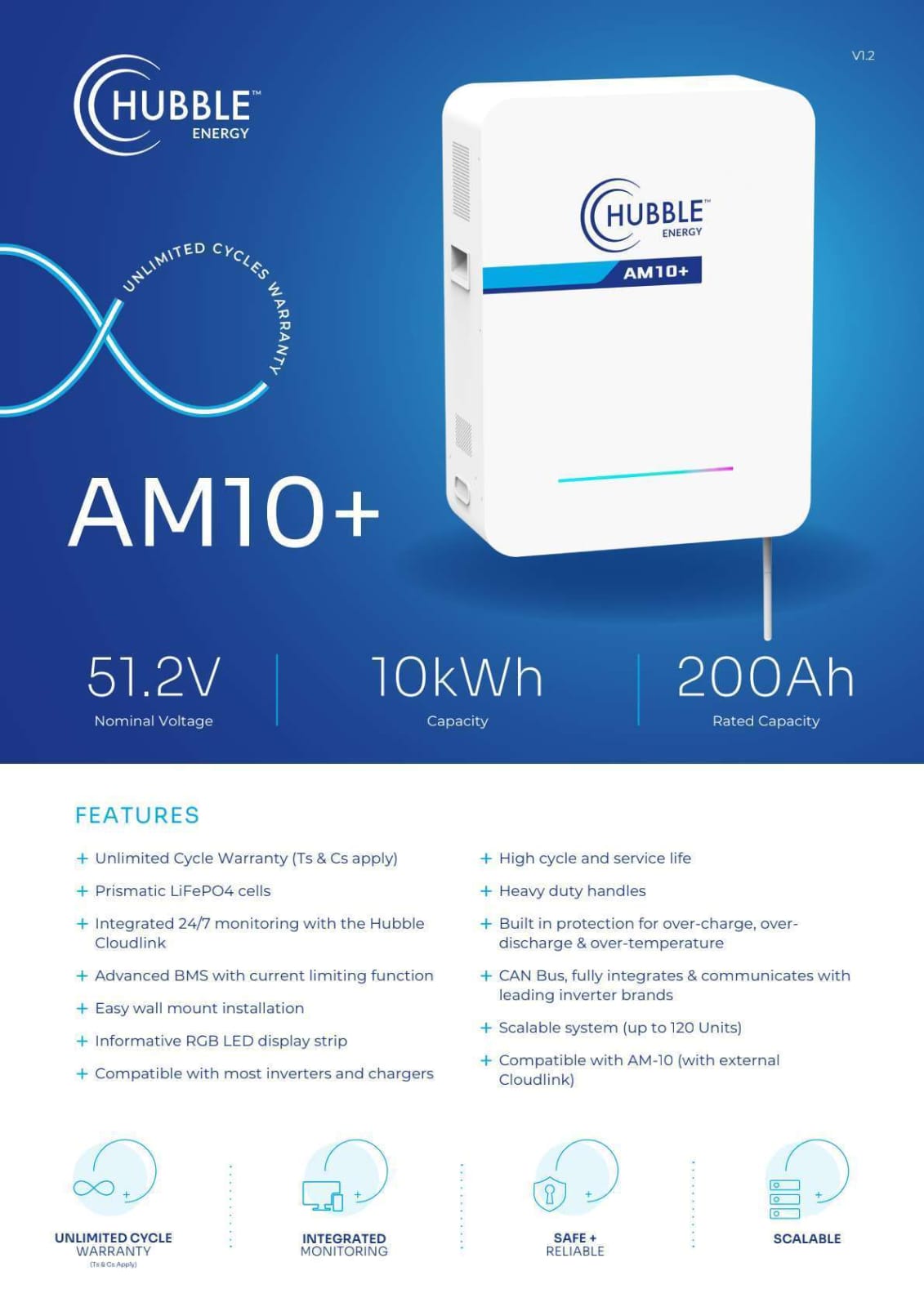 10kWh Hubble AM10+ LiFePO₄ 51.2V  Lithium Battery