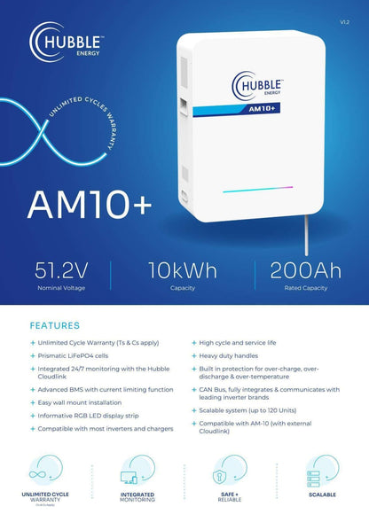 10kWh Hubble AM10+ LiFePO₄ 51.2V  Lithium Battery
