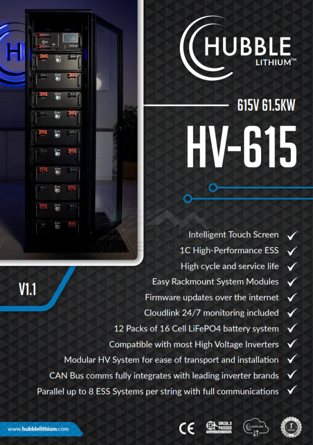 61.5kWh Hubble HV-615  High-Voltage LiFePO₄ Battery – Modular Rack ESS