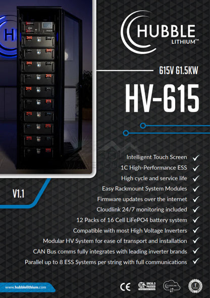 61.5kWh Hubble HV-615  High-Voltage LiFePO₄ Battery – Modular Rack ESS